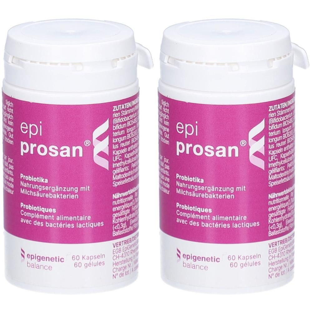Zwei weiße Flaschen mit rosa Etiketten. Aufschrift: epi prosan, Probiotika, Nahrungsergänzung mit Milchsäurebakterien. 60 Kapseln.