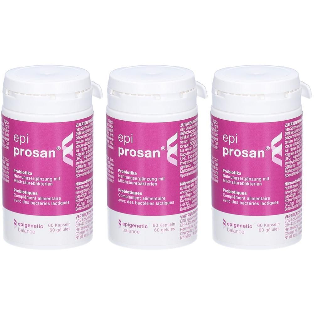 Drei weiße Flaschen mit rosa Etiketten. Aufschrift: epi prosan. Probiotika. Nahrungsergänzung mit Milchsäurebakterien. 60 Kapseln.