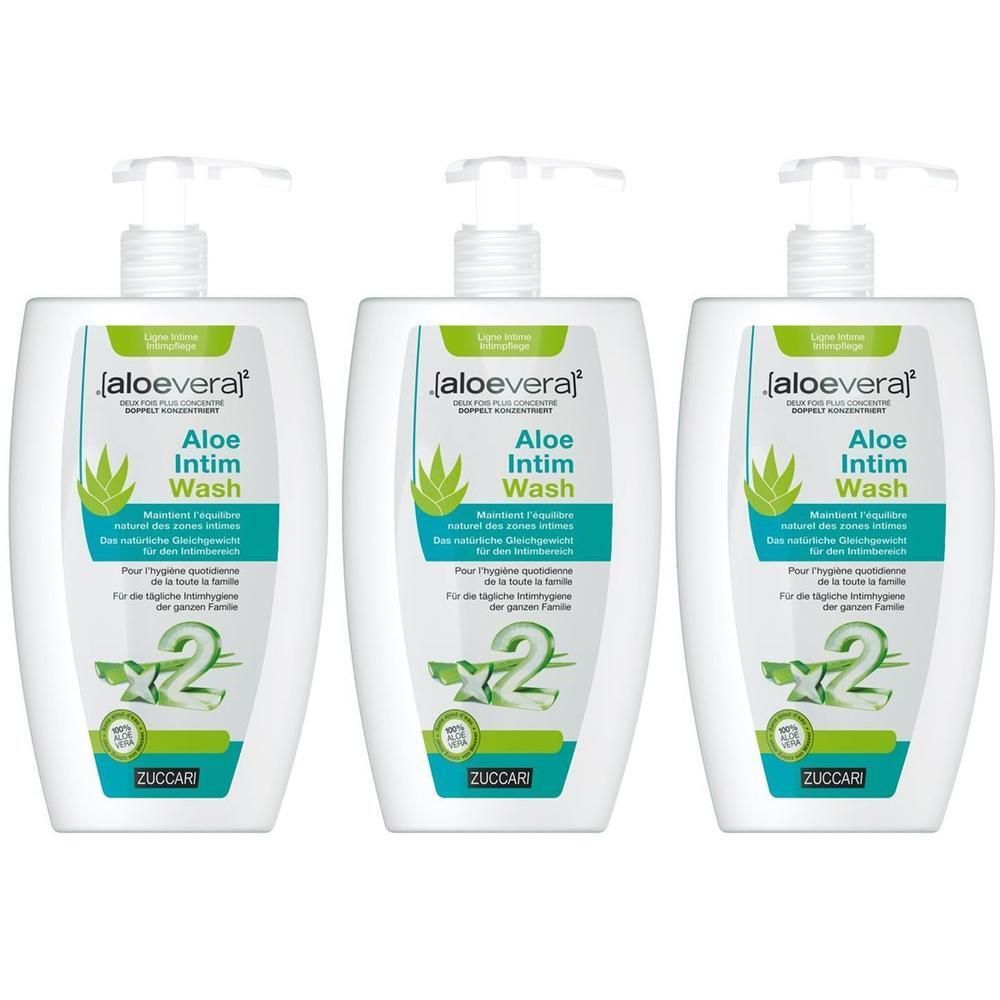 Drei weiße Flaschen mit Spender. Aufschrift: Aloe Intim Wash. Marke: ZUCCARI. Grün-weiße Etiketten mit Text und Logo.