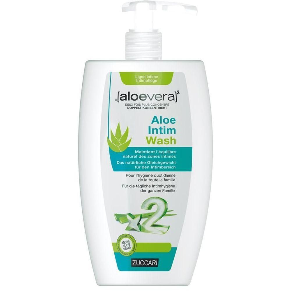 Weiße Flasche mit Spender. Aufschrift: Aloe Intim Wash. Logo mit Aloe Vera. Marke: ZUCCARI.