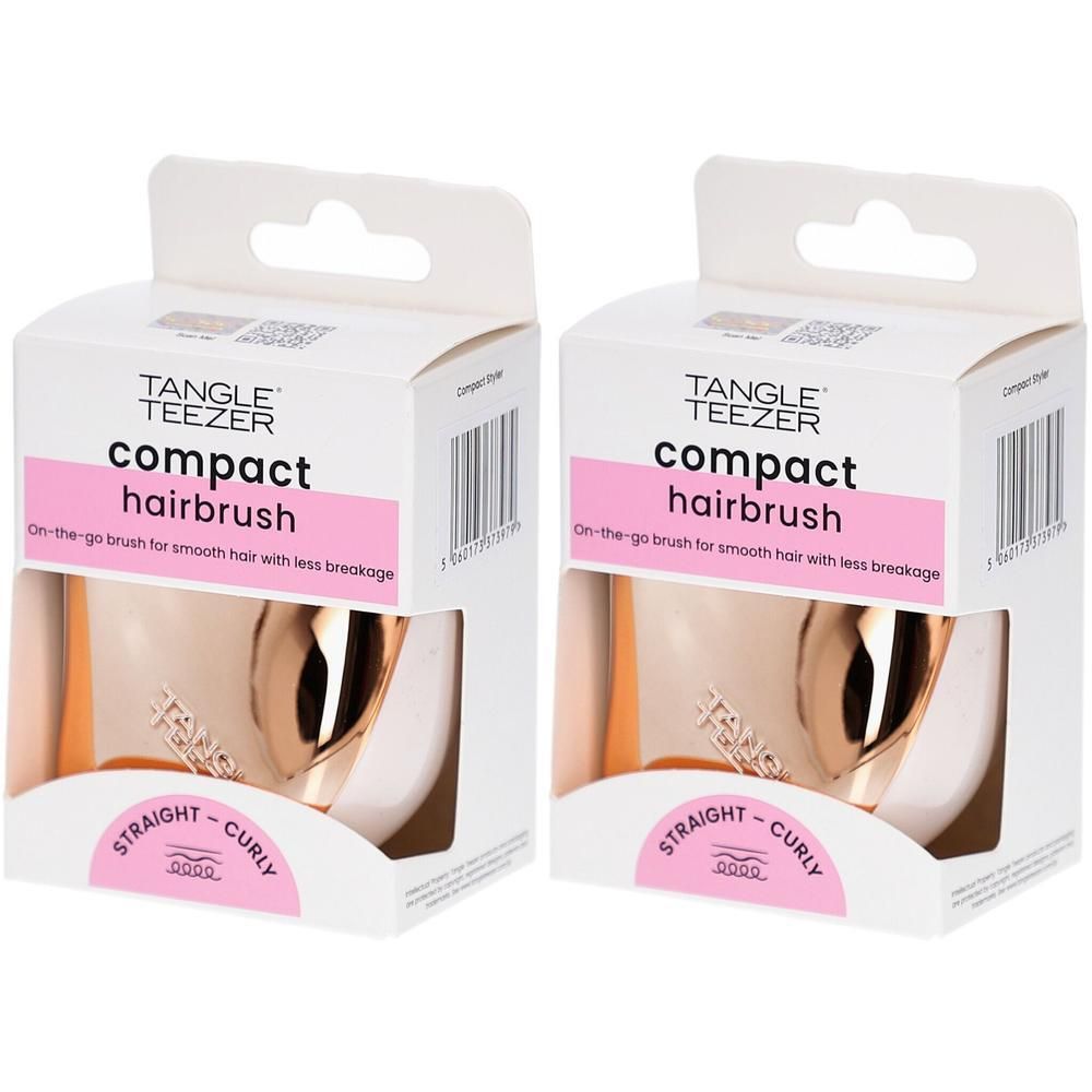 Zwei Tangle Teezer Kompakt-Haarbürsten in roségoldfarbener Verpackung.
