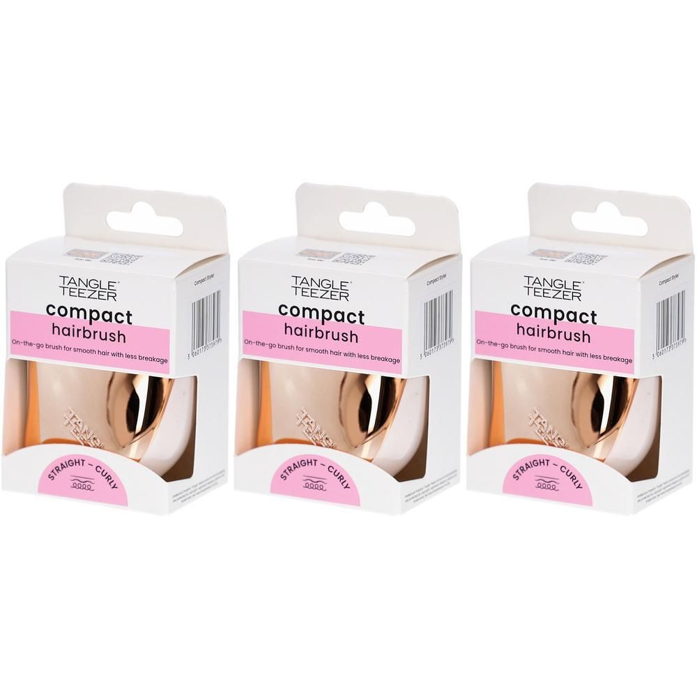 Drei Tangle Teezer Kompakt-Haarbürsten in Rosa-Gold in Einzelhandelsverpackung.