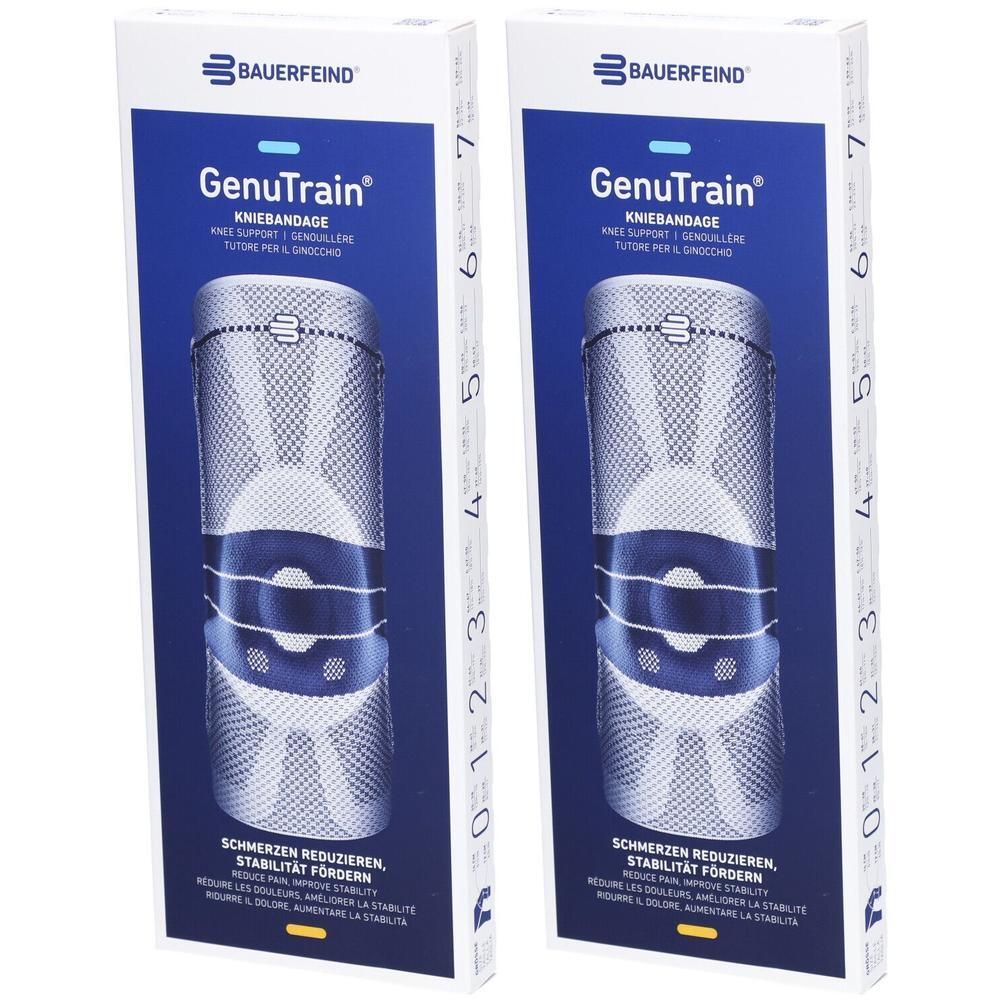 Zwei Packungen GenuTrain Kniebandagen. Blaue und graue Bandagen in weißen Schachteln. Bauerfeind Logo oben.