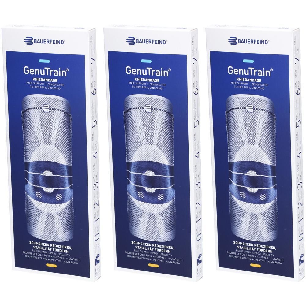 Drei Packungen Kniebandagen. Aufschrift: GenuTrain, Bauerfeind. Blau-weißes Design. Größenangaben auf der Seite.