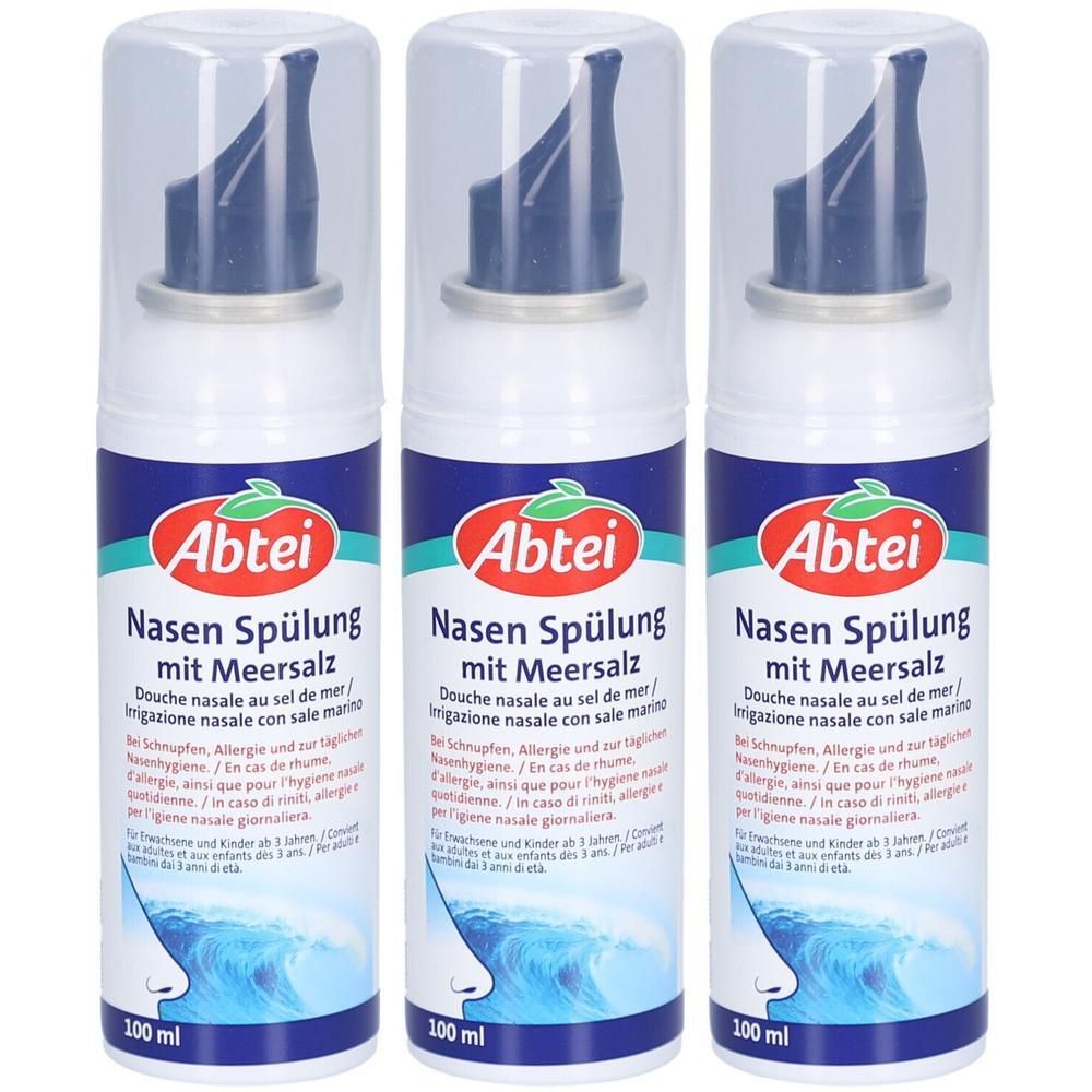 Trois douches nasales Abtei au sel de mer, flacons de 100 ml avec applicateur.