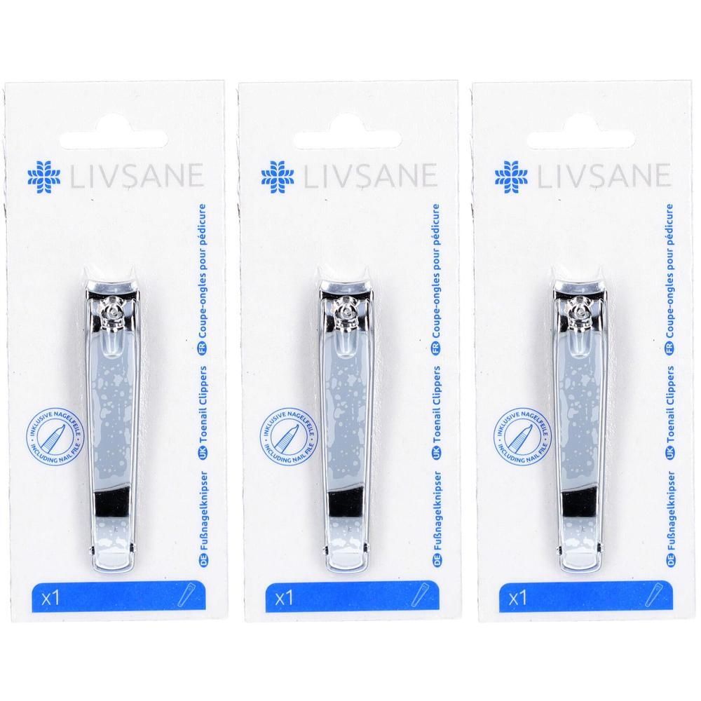 Trois paquets de coupe-ongles LIVSANE. Chaque paquet contient un coupe-ongles. Emballage avec nom et logo du produit.
