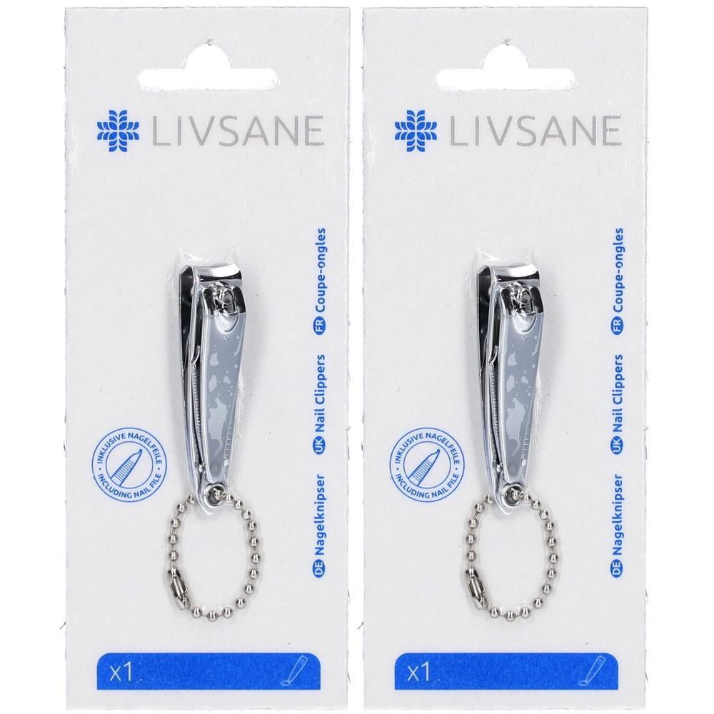 Deux coupe-ongles sur emballage. Marque LIVSANE. Couleur métal, avec chaîne. Inscription : Nagelknipser, Nail Clippers, Coupe-ongles.