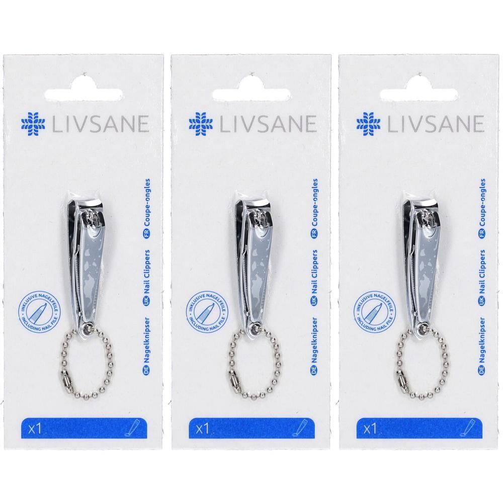 Trois coupe-ongles sur emballage cartonné. Marque LIVSANE. Chaque coupe-ongles avec chaîne. Texte: Nagelknipser, Nail Clippers, Coupe-ongles. x1.