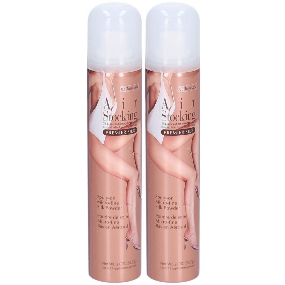 Zwei Sprühdosen. Aufschrift: Air Stocking Premier Silk. Produktabbildung: Beine. Dose mit weißem Deckel und braunem Korpus.