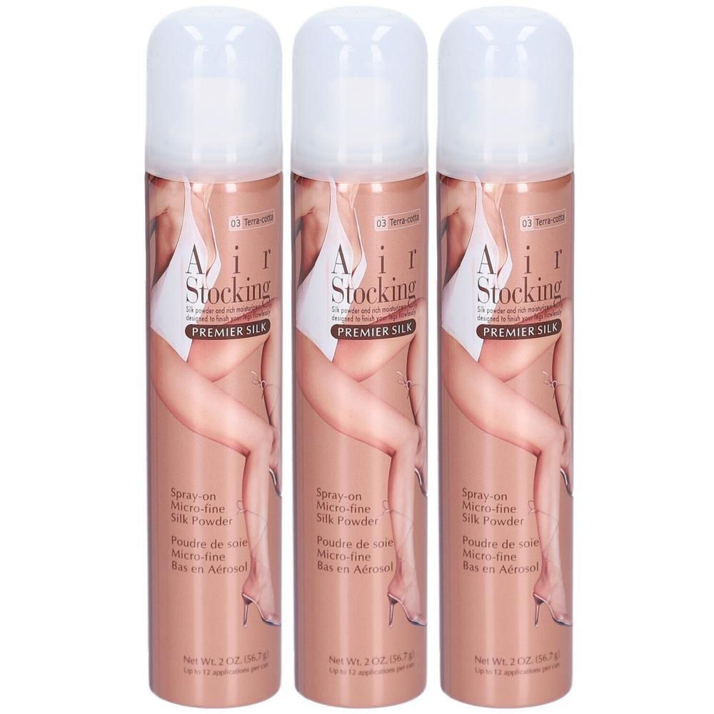 Drei Sprays, AIR STOCKING PREMIER SILK, mit Abbildung einer Frau. Aufschrift: Spray-on Micro-fine Silk Powder. Terra Spr.