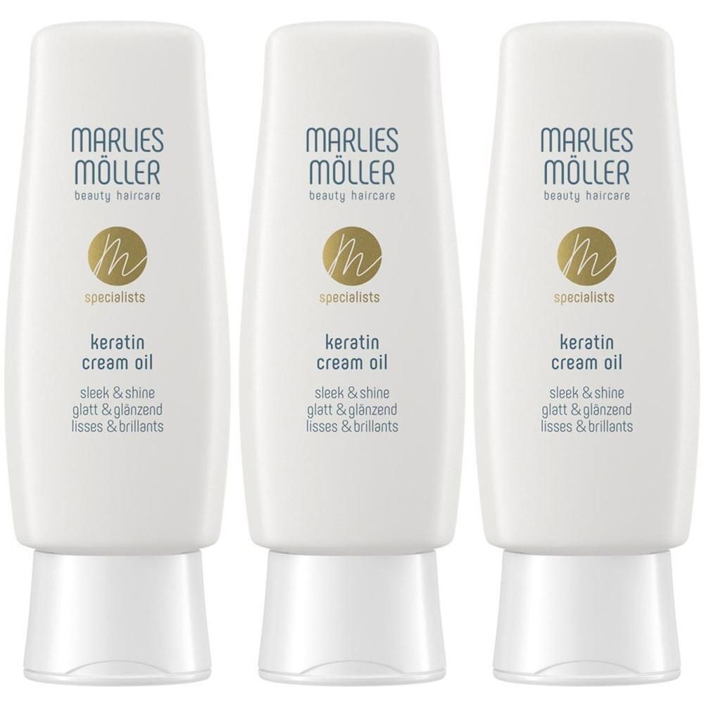 Trois flacons blancs Marlies Möller Specialist Keratin Cream Oil Sleek & Shine.