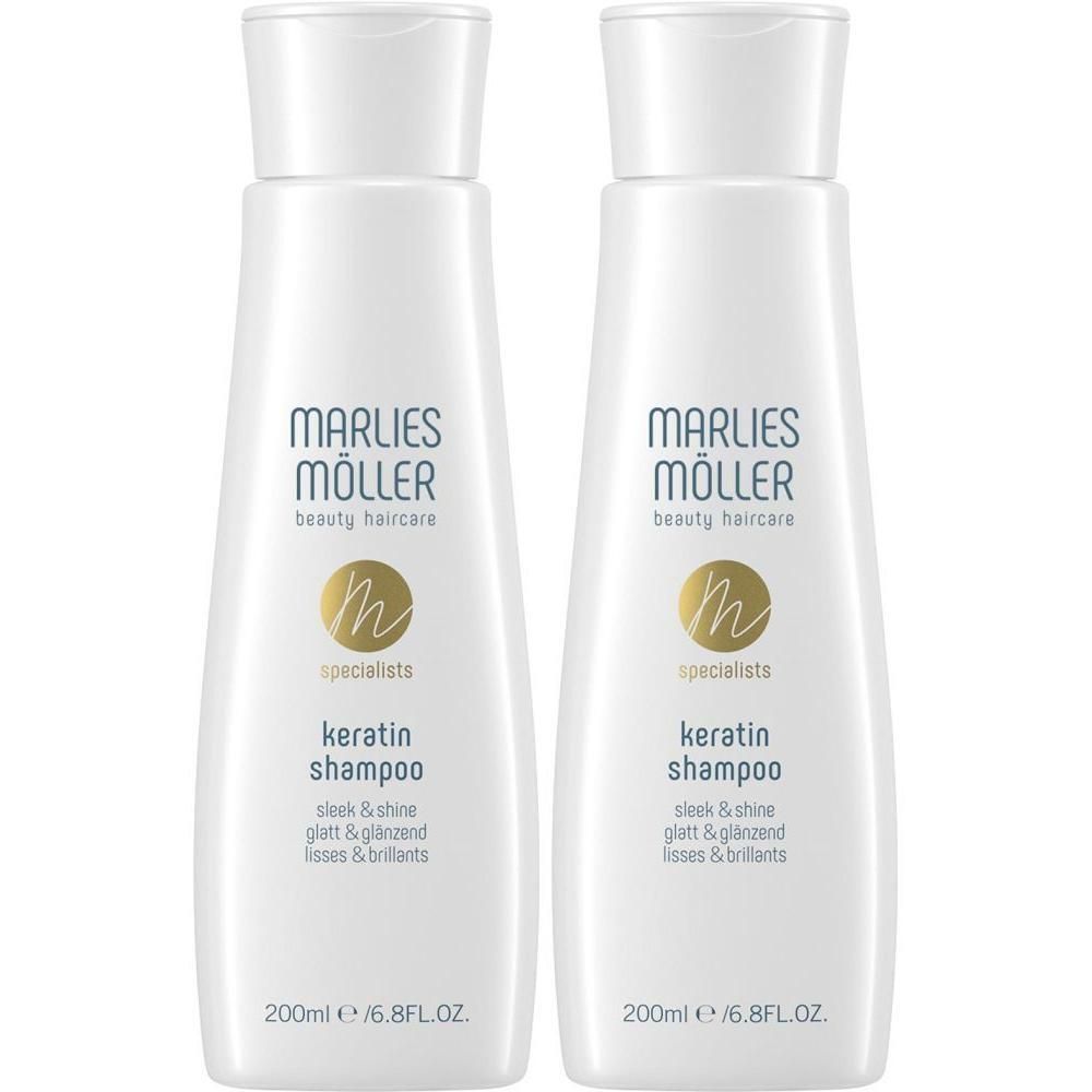 Zwei weiße Flaschen Marlies Möller Keratin Shampoo Sleek & Shine, je 200ml.