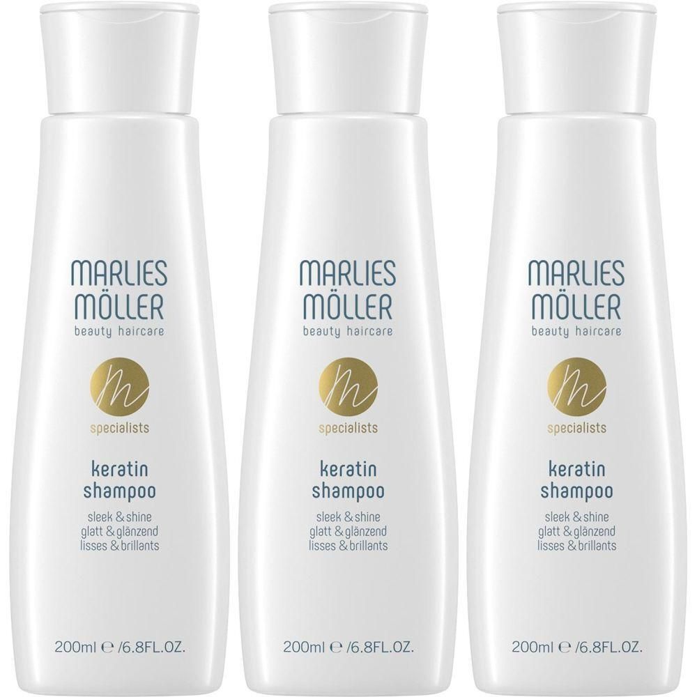 Drei weiße Flaschen Marlies Möller Keratin Shampoo Sleek & Shine, jeweils 200ml.