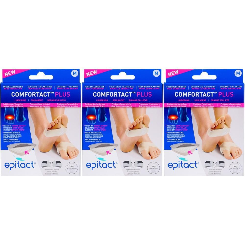Drei Packungen mit Fußpolstern. Auf jeder Packung ist ein Fuß mit einem Polster abgebildet. Der Schriftzug "COMFORTACT PLUS" ist deutlich sichtbar.
