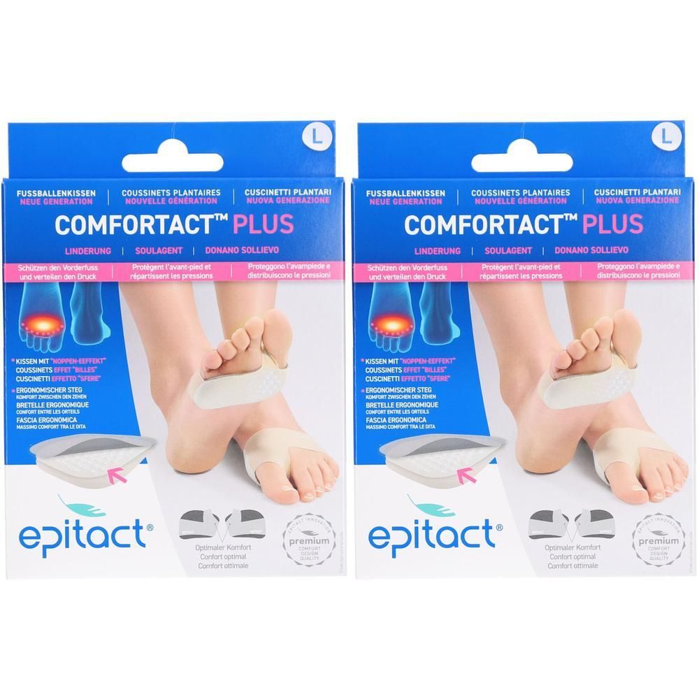 Zwei Packungen Epitact Comfortact Plus Fußballenkissen, Größe L. Zeigt Füße mit Polstern unter dem Ballen.