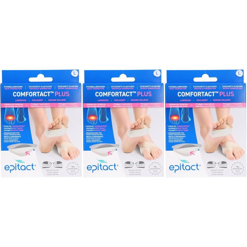 Drei Packungen EPITACT Comfort Plus. Jede Packung zeigt ein Fußmodell mit Einlage. Blaue und rosa Verpackung mit Produktnamen.