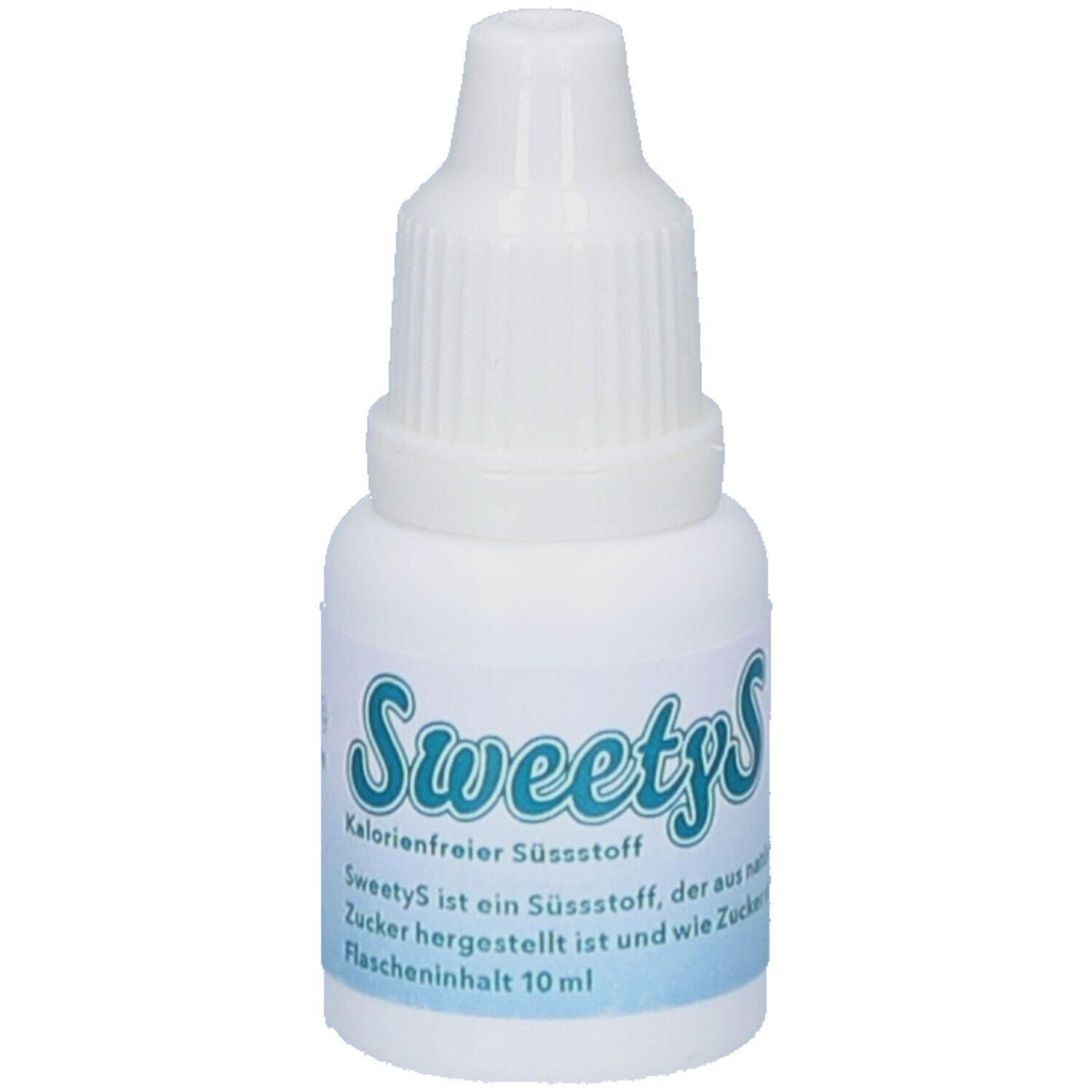 Weiße Flasche mit Tropfverschluss. Aufschrift "Sweetys" und weitere Textinformationen. Flascheninhalt 10 ml.