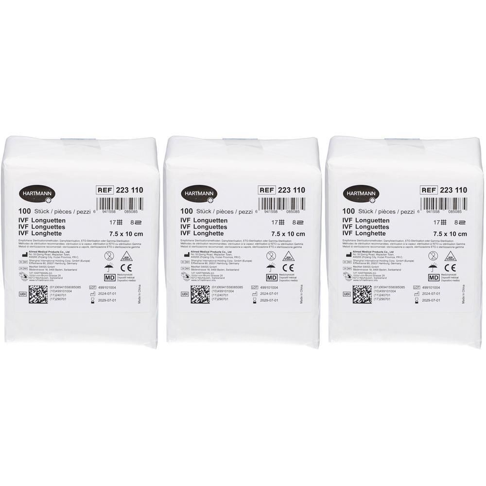 Drei Packungen IVF Longuetten. Jede Packung enthält 100 Stück, 7,5 x 10 cm. Aufdrucke: Hartmann, REF 223 110, CE-Zeichen.