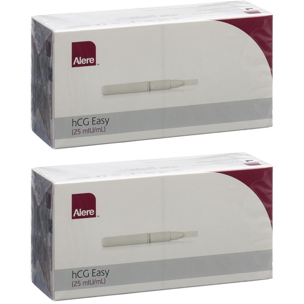 Zwei verpackte Testkits. Auf der Verpackung steht "Alere", "hCG Easy" und "(25 mlU/mL)". Die Verpackung ist weiß mit roter Akzentfarbe.