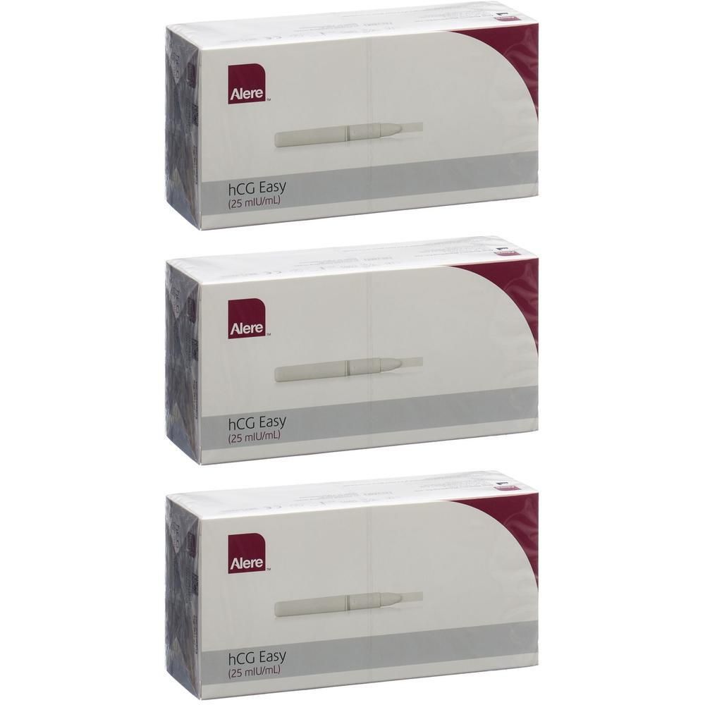 Drei verpackte Testkits. Auf der Verpackung steht "Alere", "hCG Easy" und "(25 mIU/mL)". Die Verpackung ist weiß mit roter Verzierung.