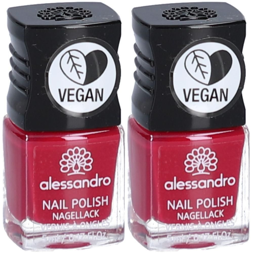 Zwei Flaschen roter Nagellack von Alessandro. Schwarze Kappe mit veganem Siegel.