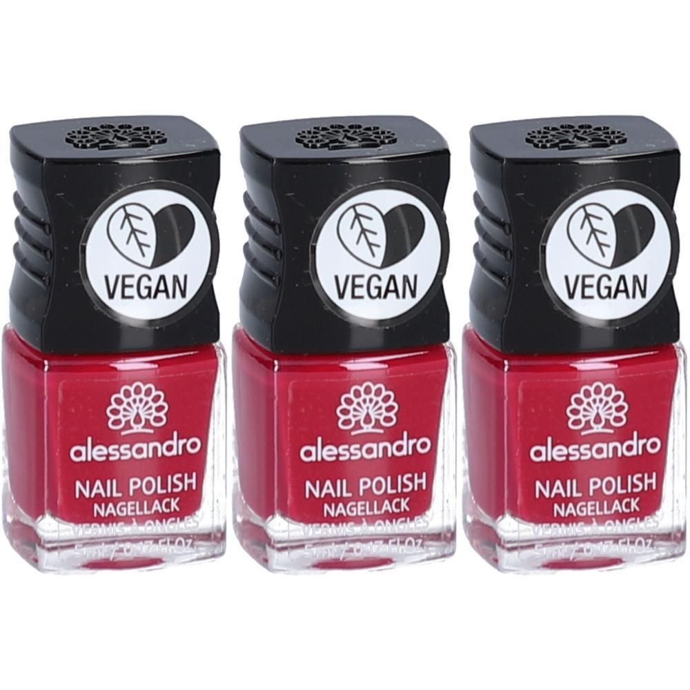 Drei Flaschen roter Nagellack von Alessandro mit veganem Siegel.
