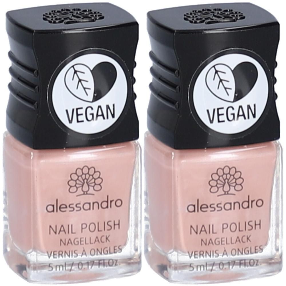Deux flacons de vernis à ongles Alessandro rose. Bouchon noir avec sceau "Vegan".