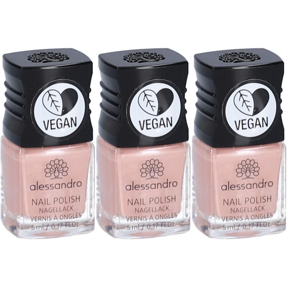 Trois flacons de vernis à ongles alessandro rose. Bouchons noirs avec sceau VEGAN.