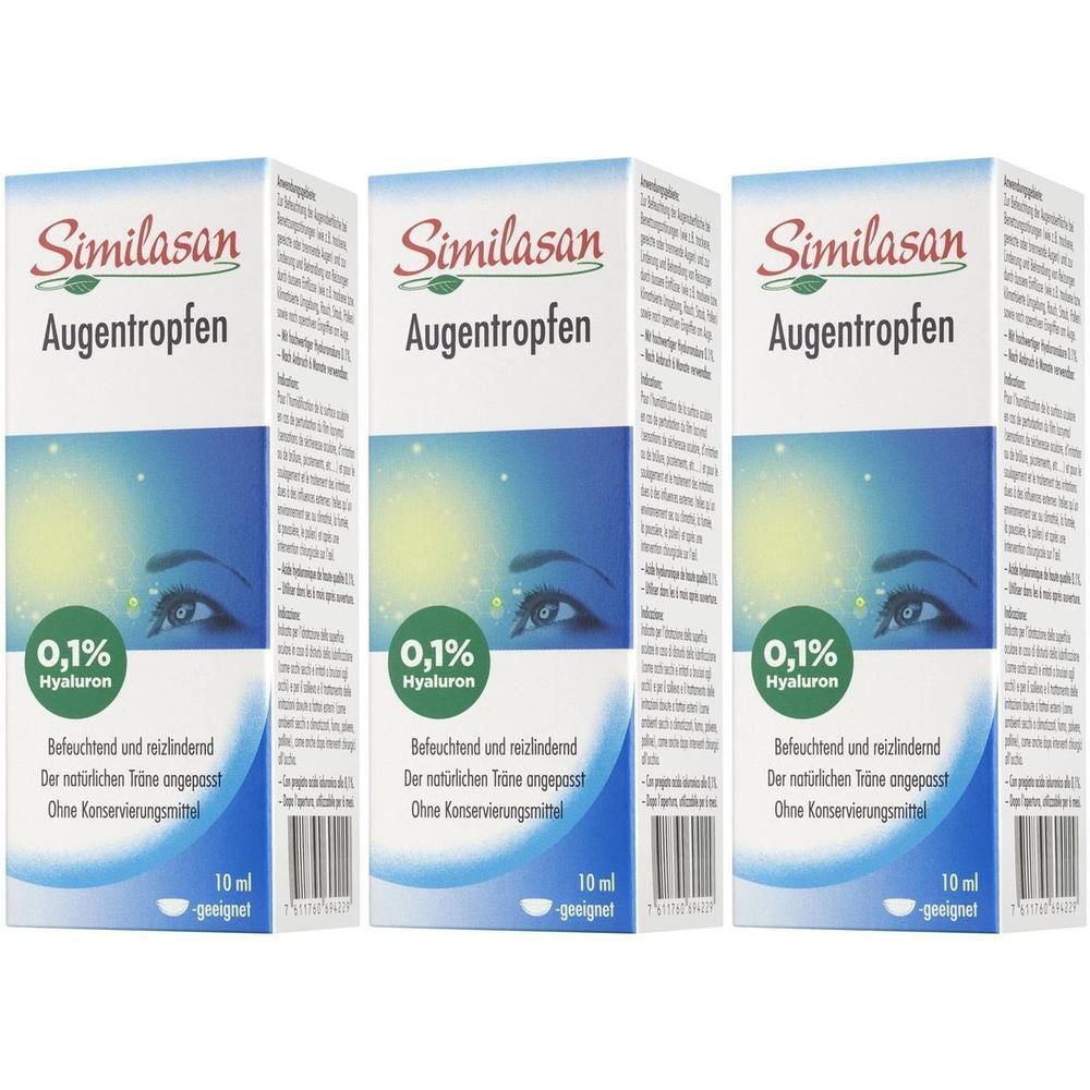Drei Packungen Similasan Augentropfen 0,1% Hyaluron, 10ml.
