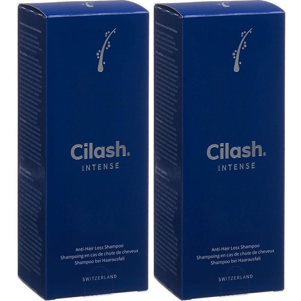Zwei blaue Schachteln mit "Cilash Intense"-Logo. Text: Anti-Haarausfall Shampoo, Schweiz. Aufdruck mit Haarsymbol.