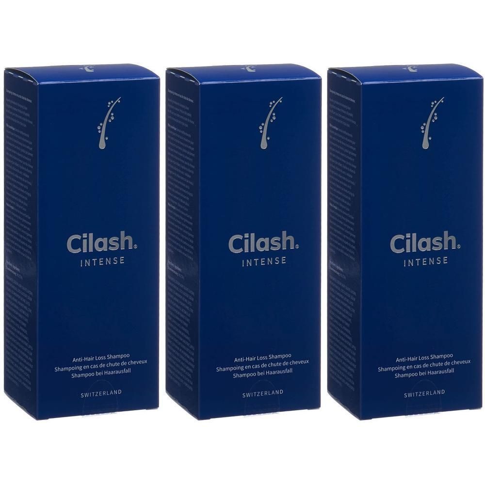 Drei blaue Produktverpackungen. Aufschrift: CILASH INTENSE. Text: Anti-Haarausfall Shampoo. Herkunft: Schweiz.