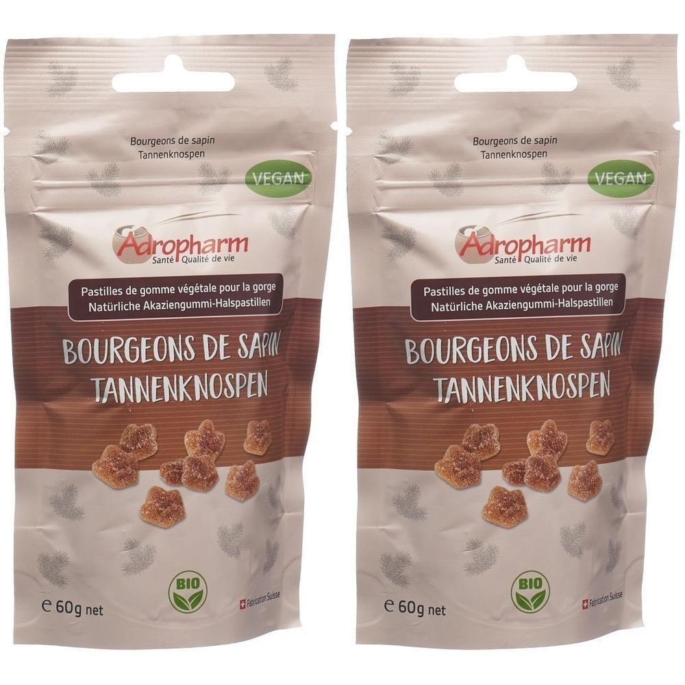 Zwei Beutel mit Bonbons. Aufschrift: Adropharm, Bourgeons de sapin Tannenknospen, Bio. Vegan.