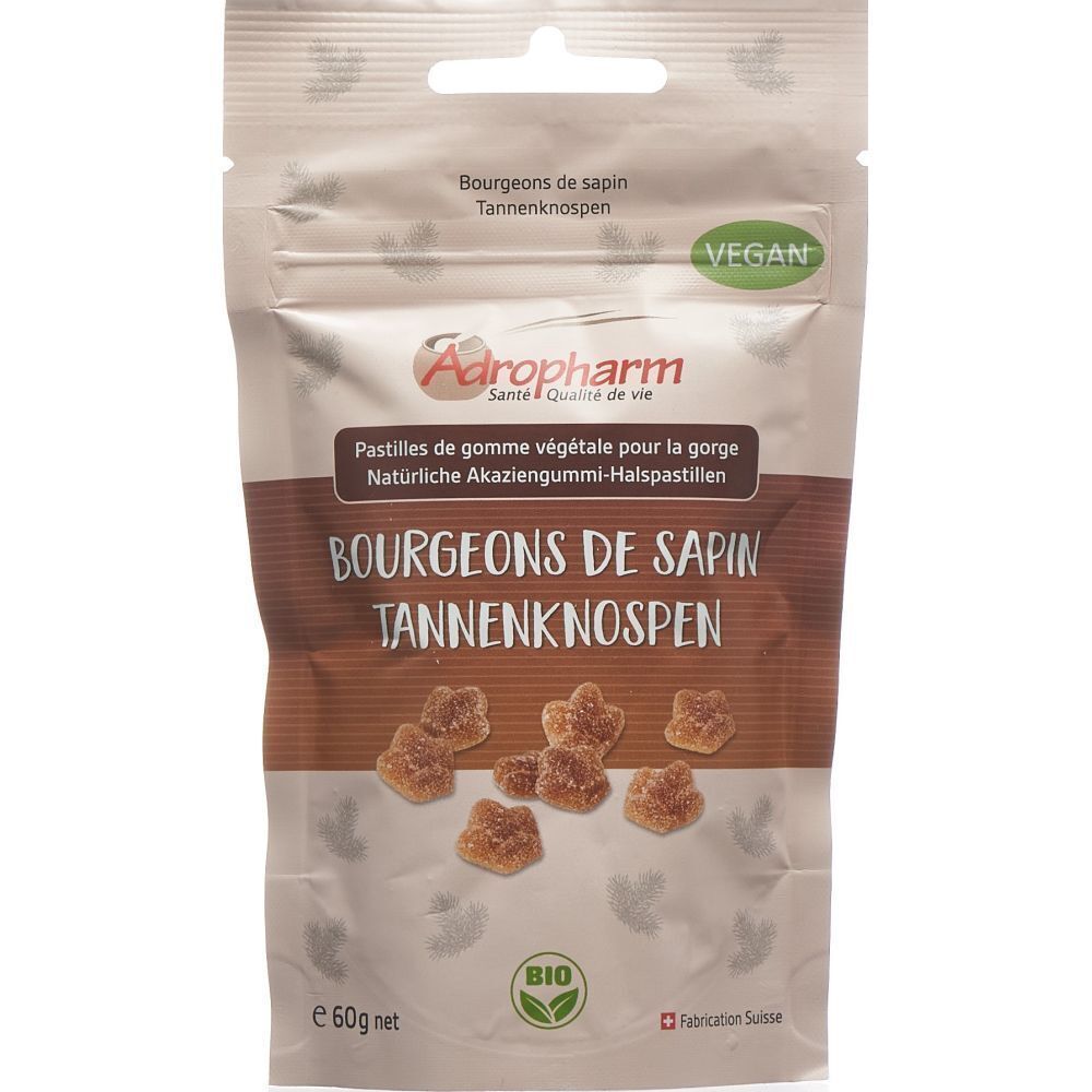 Beutel mit Bonbons. Aufschrift: Adropharm, Bourgeons de sapin Tannenknospen, Bio. Vegan.