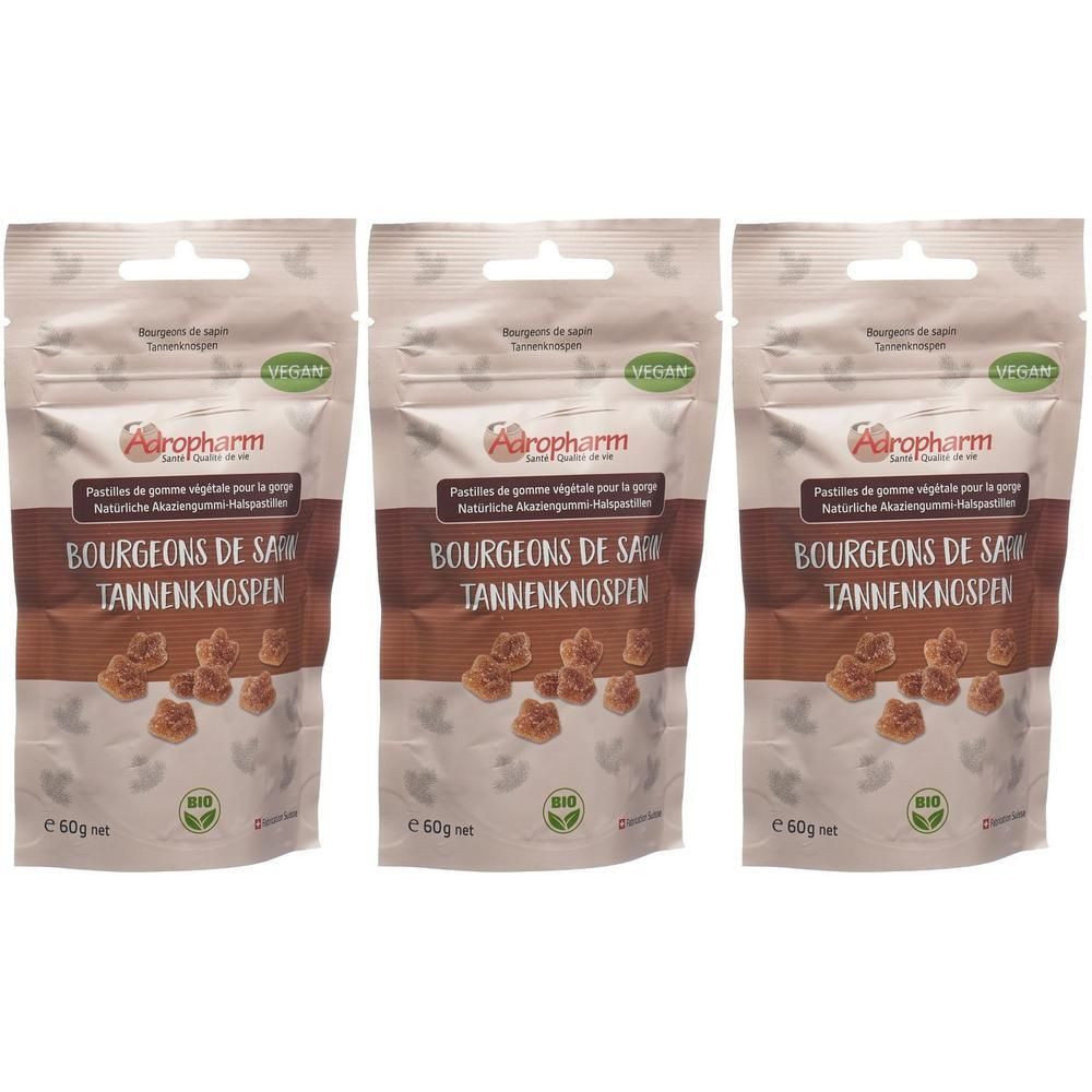 Drei Beutel ADROPHARM Tannenknospen Bonbons. Braune Schrift, grüne Vegan-Kennzeichnung, Bio-Siegel. 60g Netto.