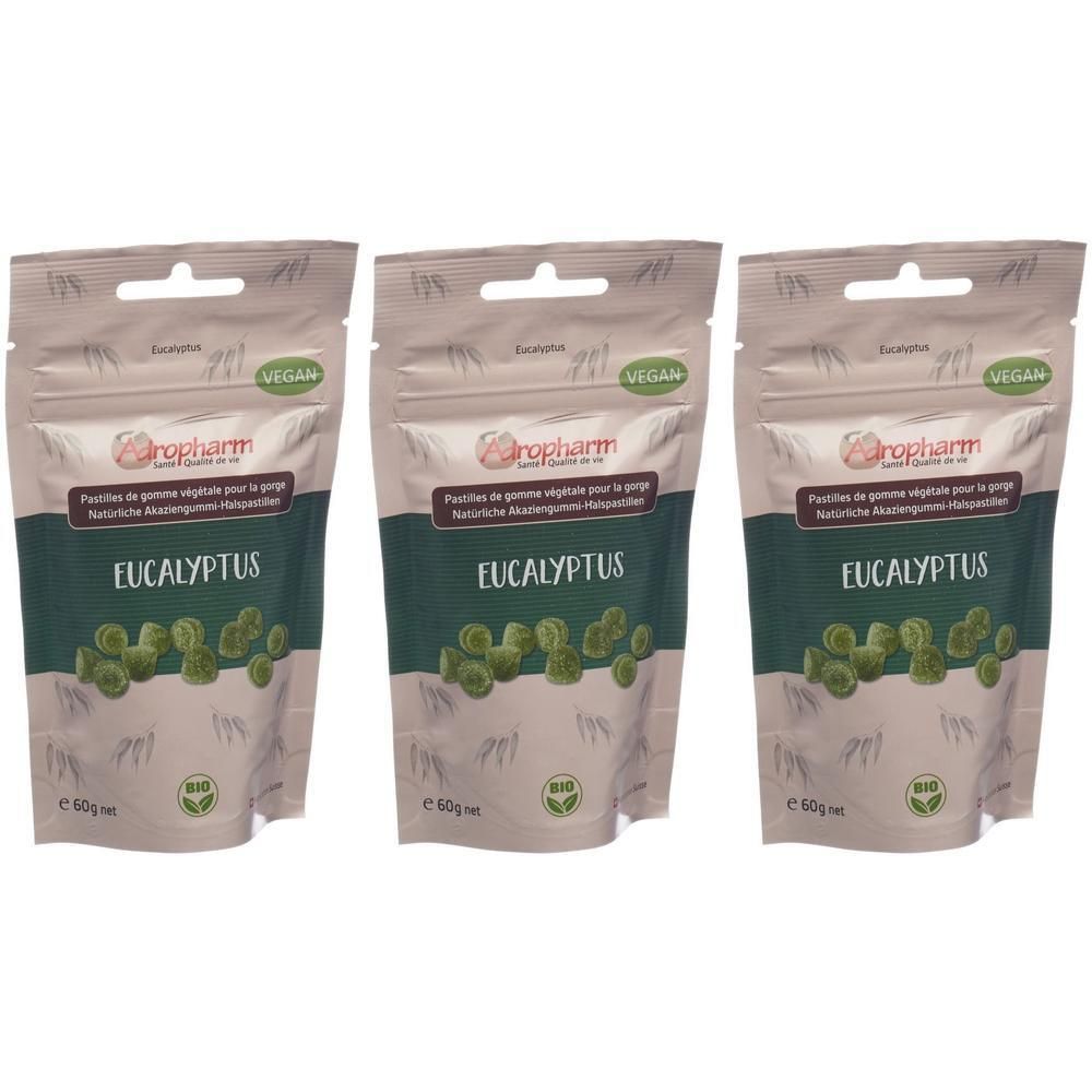 Drei Beutel ADROPHARM Eukalyptus Bonbons. Grün-weiße Verpackung mit Produktnamen und Bio-Siegel. Vegan.
