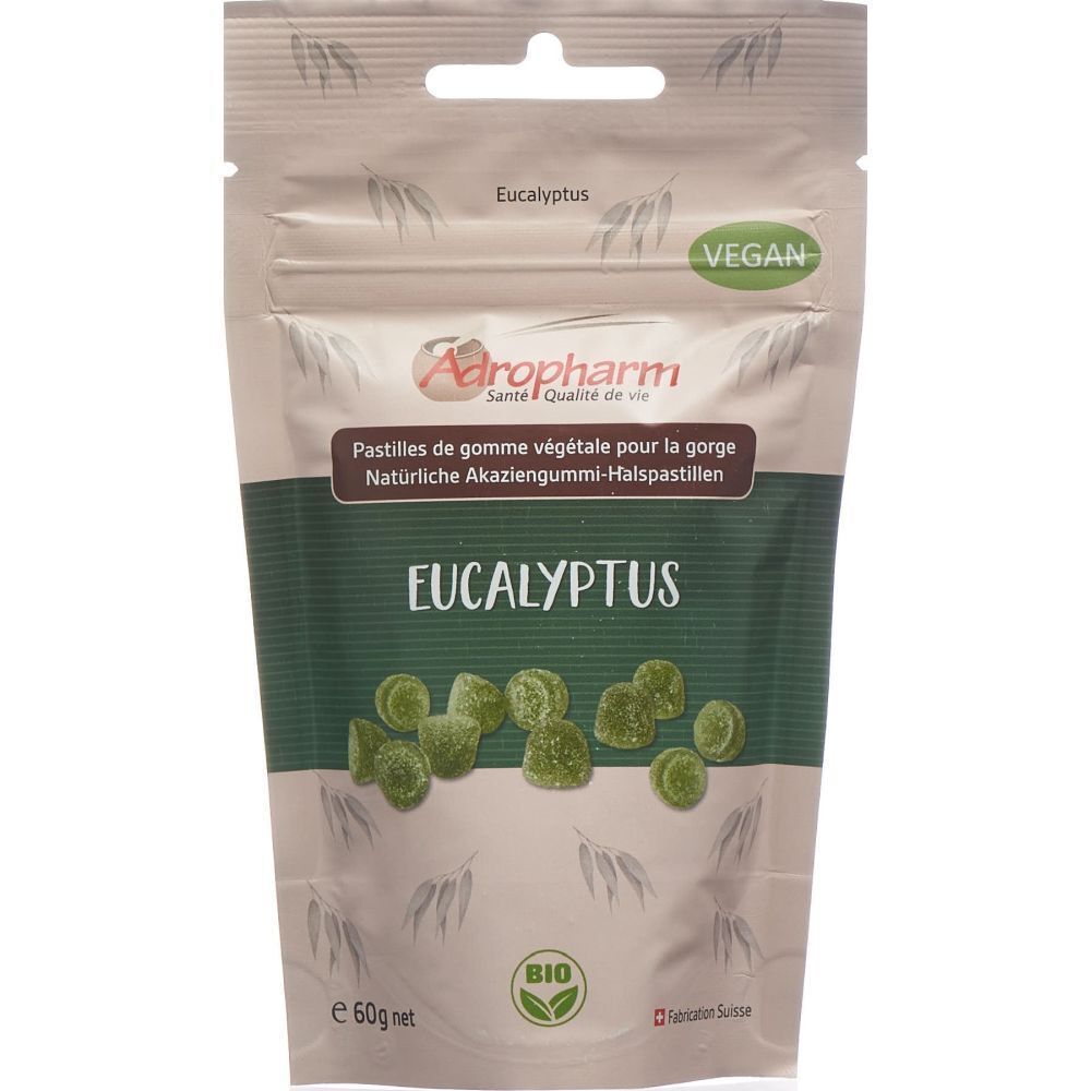 Einzelner Beutel ADROPHARM Eukalyptus Bonbons. Grün-weiße Verpackung mit Produktnamen, Bio-Siegel und Vegan-Logo.