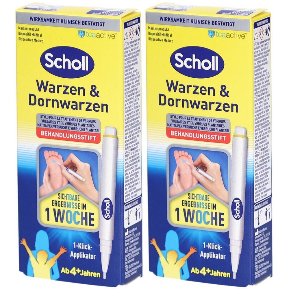 Deux boîtes de stylos. Inscription : Scholl Warzen & Dornwarzen. Résultats visibles en 1 semaine. Applicateur 1 clic. Dès 4+ ans.