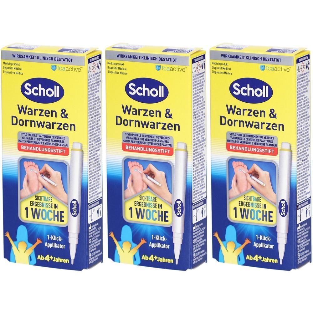Trois boîtes de stylos. Inscription : Scholl Warzen & Dornwarzen. Résultats visibles en 1 semaine. Avec applicateur. Dès 4 ans.