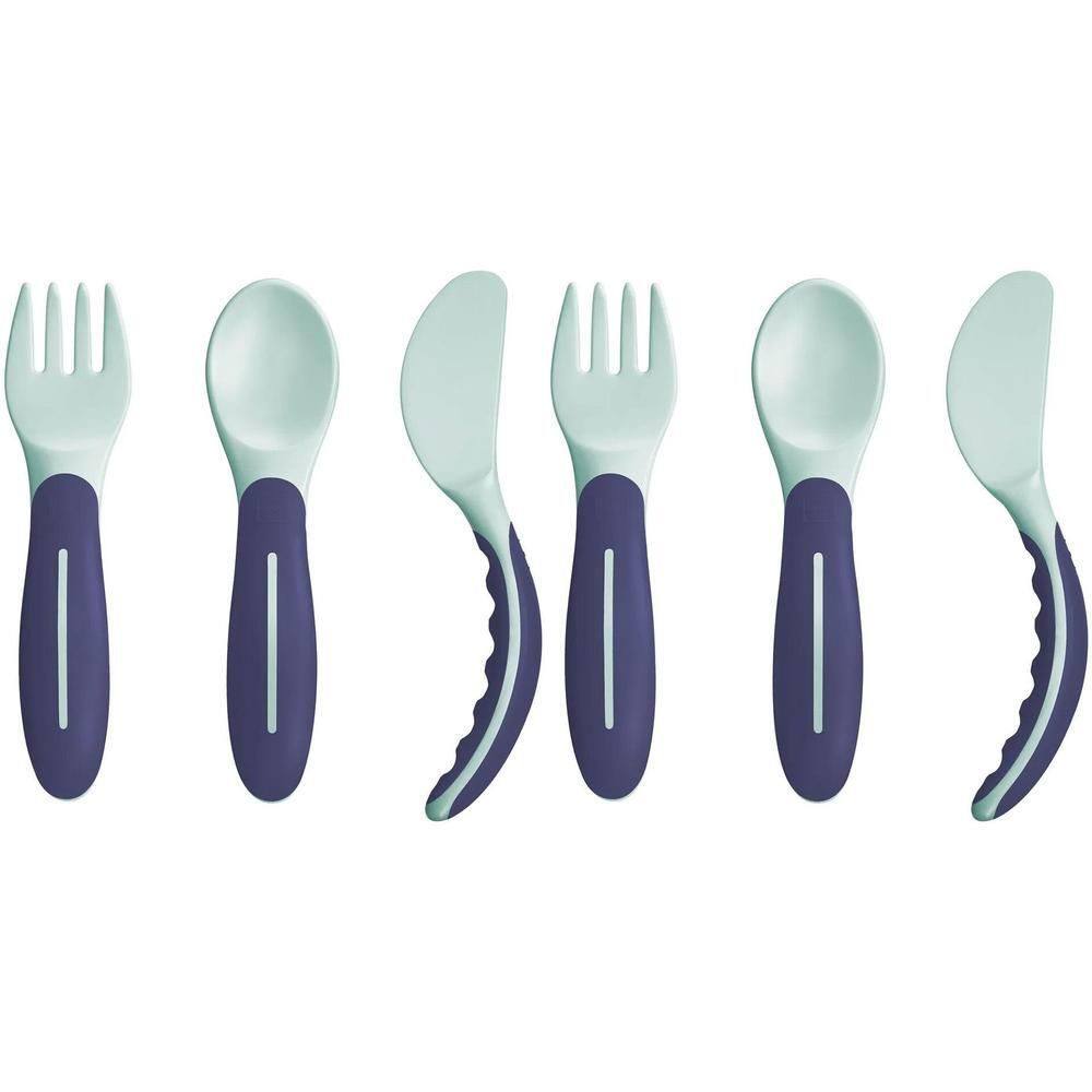 Esslernbesteck-Set. Bestehend aus Gabel, Löffel und Messer. Hellgrüne Essbereiche, dunkelblaue Griffe. Ergonomisch geformt.