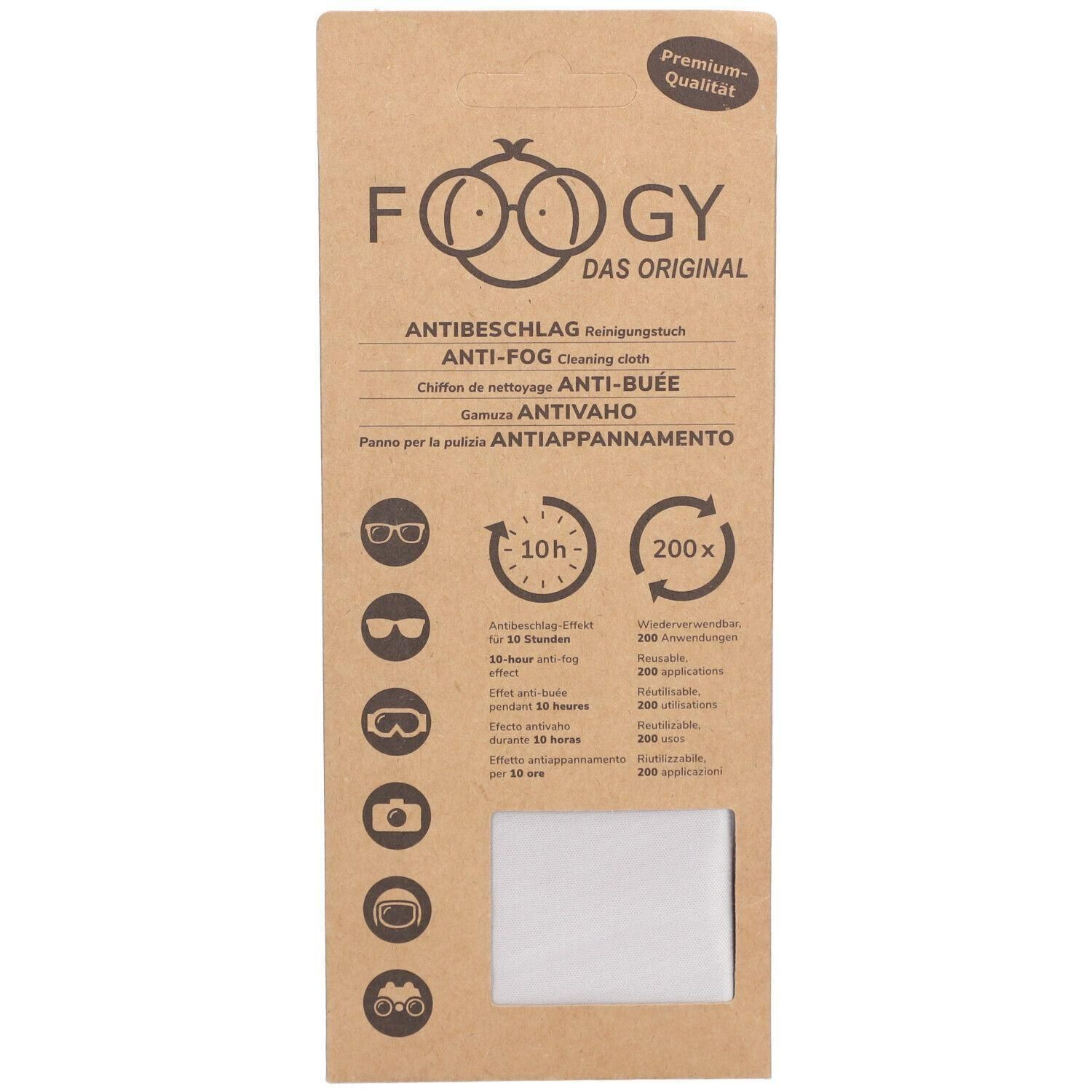 Kartonverpackung mit FOOGY-Logo und Schriftzug. Enthält ein Anti-Beschlag Reinigungstuch. Premium-Qualität.