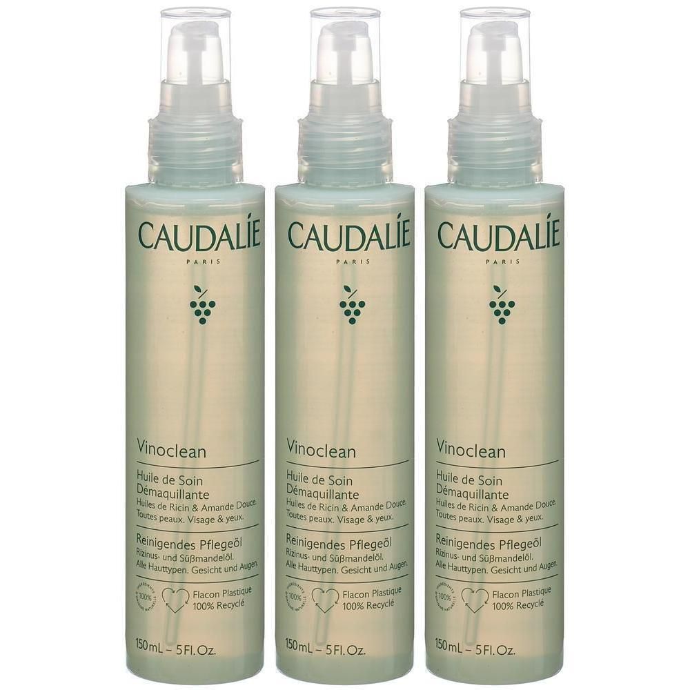 Drei Flaschen CAUDALIE Vinoclean Reinigungsöl mit Sprühkopf. Aufschrift: Vinoclean, 150ml, Flacon Plastique 100% Recycle.