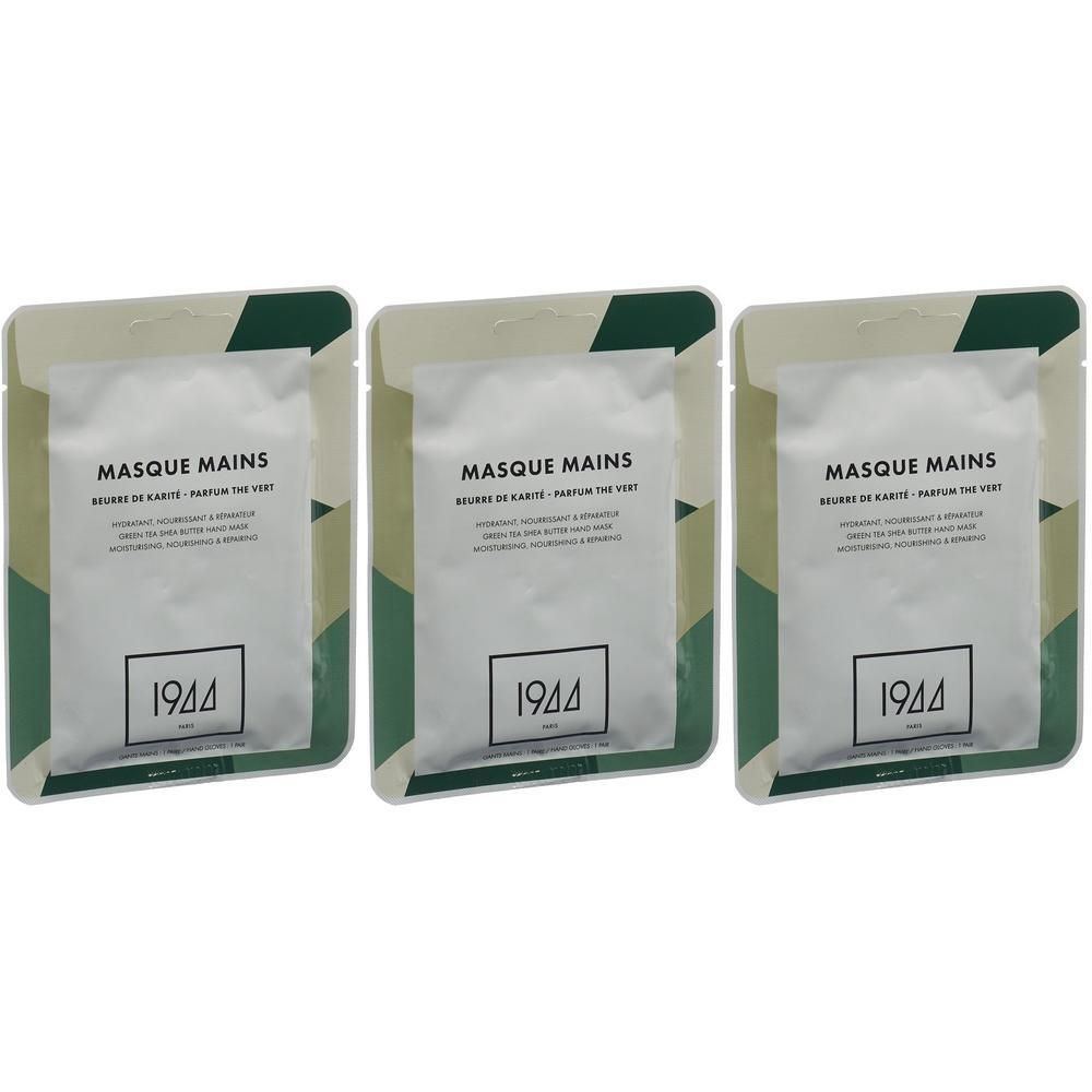 Drei Packungen Handmaske. Jede Packung hat eine weiße Innenseite und eine grüne Außenseite. Auf jeder Packung steht "MASQUE MAINS" und "1944".