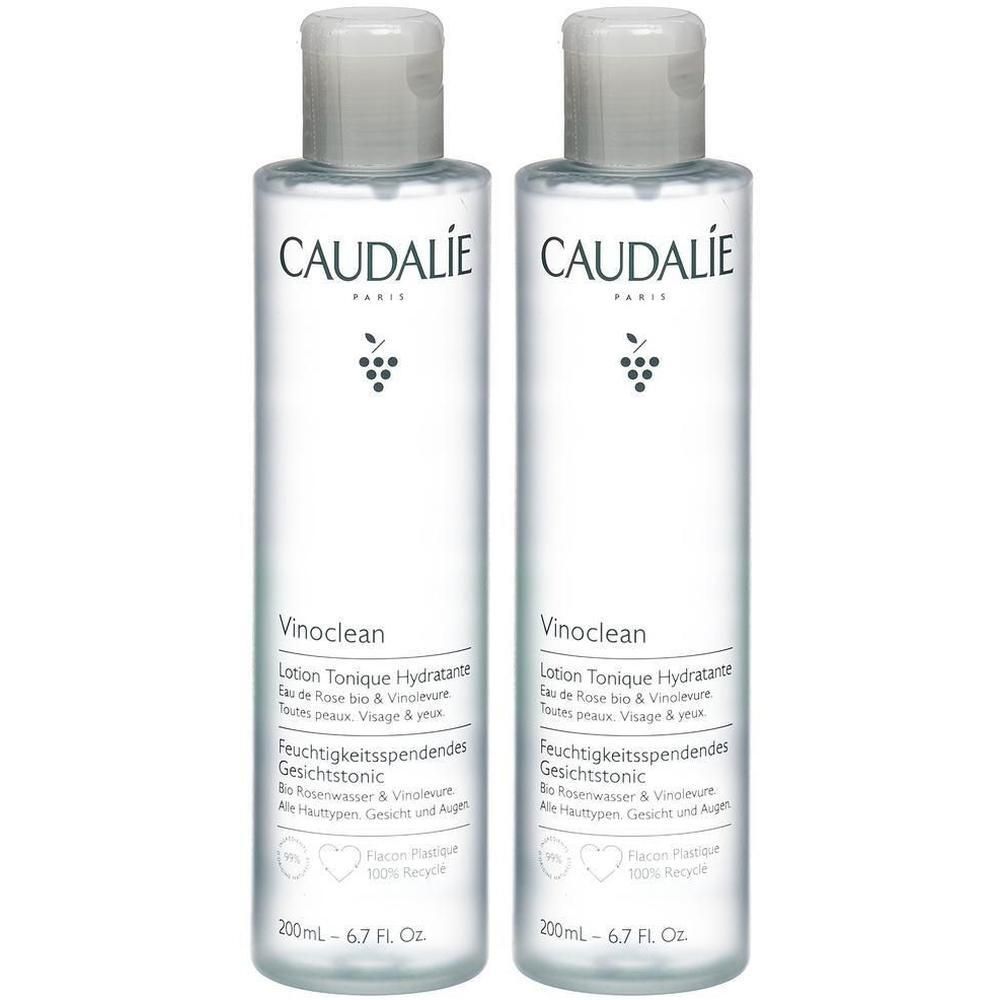 Zwei Flaschen CAUDALIE Vinoclean Lotion Tonique. Klare Flüssigkeit, weißer Deckel, Etikett mit Text und Logo. 200ml.