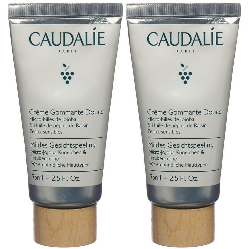 Zwei Tuben mit weißem Hintergrund. Auf jeder Tube steht CAUDALIE, Crème Gommante Douce und weitere Produktinformationen. Unten steht 75ml - 2.5 Fl. Oz.