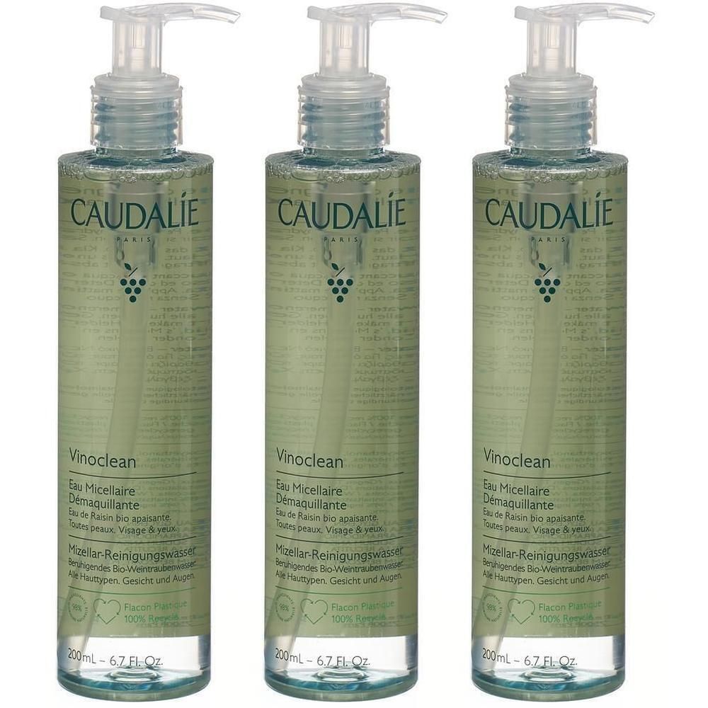 Drei Flaschen CAUDALIE Vinoclean Eau Micellaire mit Pumpverschluss. Aufschrift: Vinoclean, Eau Micellaire, Démaquillante.
