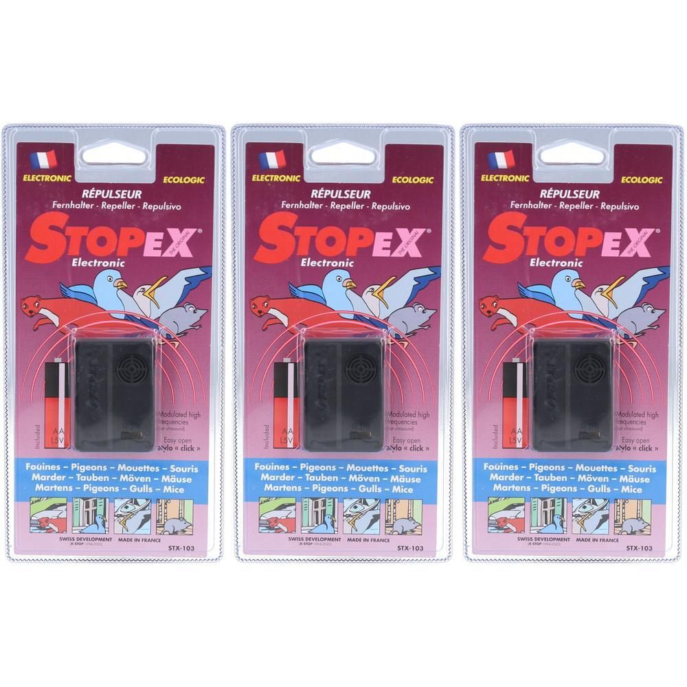 Drei Packungen STOPEX Fernhalter gegen Marder. Jede Packung enthält ein schwarzes Gerät und eine rote Batterie. Verpackung mit Logo.