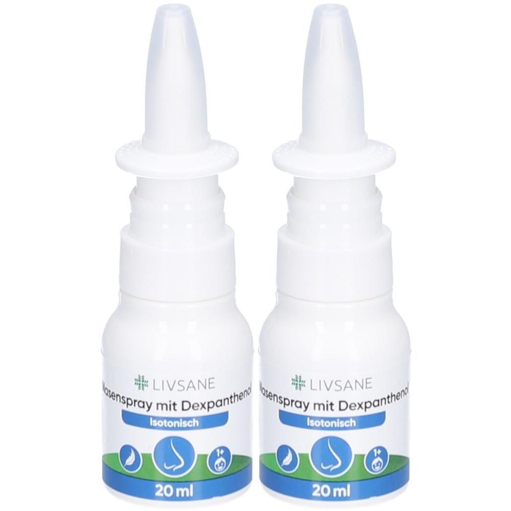 Zwei weiße Nasenspray-Flaschen mit Sprühaufsatz. Aufschrift: LIVSANE Nasenspray mit Dexpanthenol, isotonisch, 20 ml.