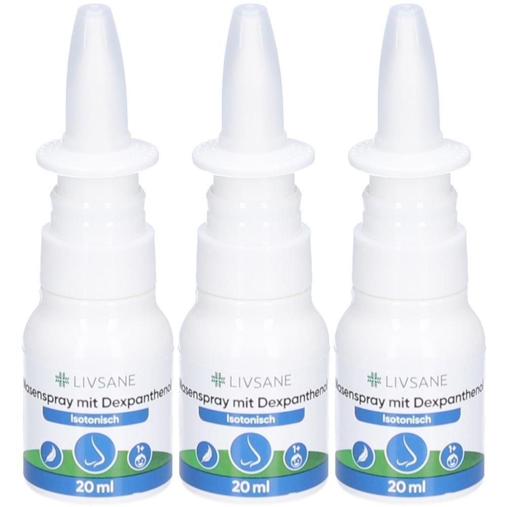 Drei weiße Nasenspray-Flaschen mit Sprühkopf. Aufschrift: LIVSANE, Nasenspray mit Dexpanthenol, isotonisch, 20 ml.