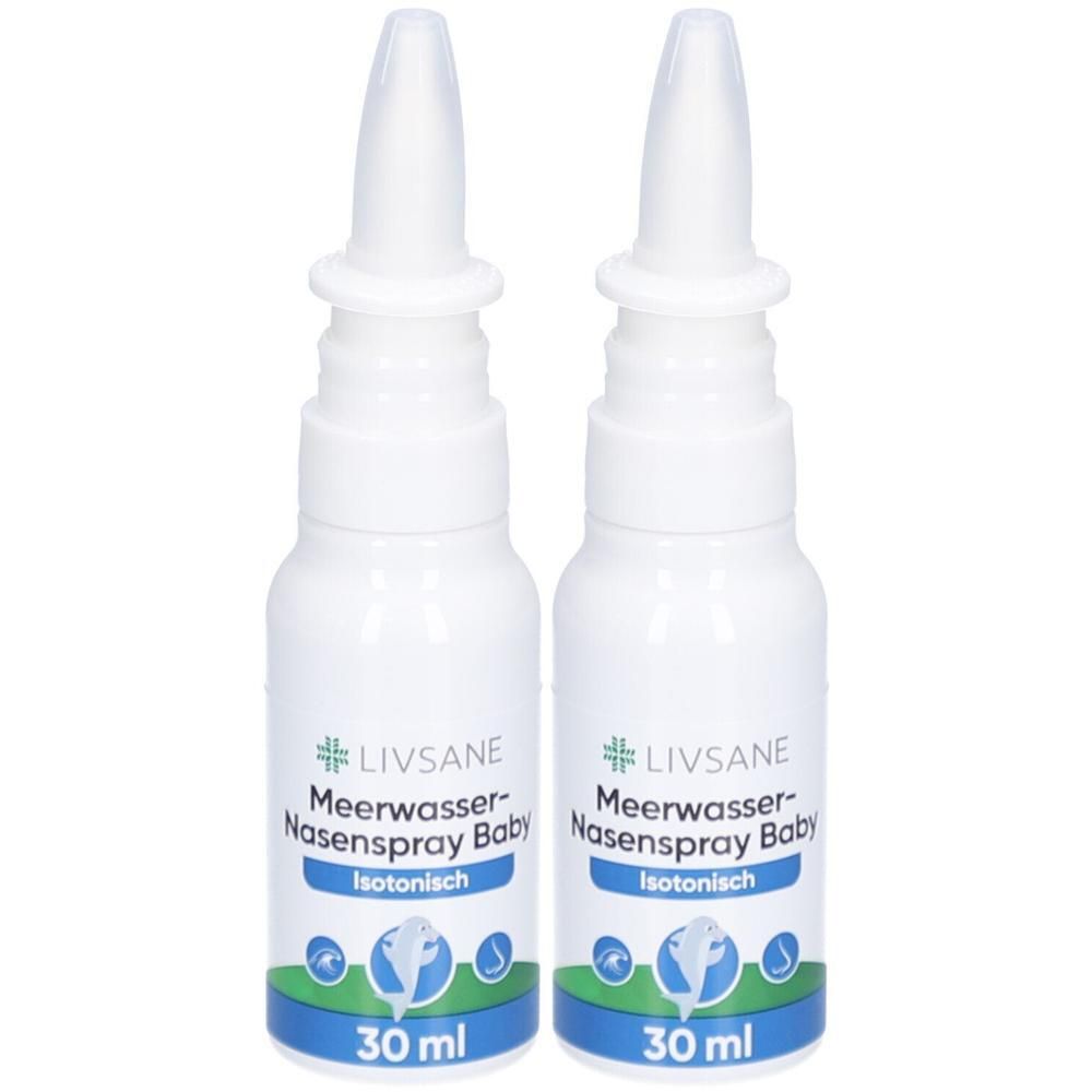 Zwei weiße Nasenspray-Flaschen mit Aufschrift LIVSANE Meerwasser-Nasenspray Baby. 30 ml. Isotonisch.
