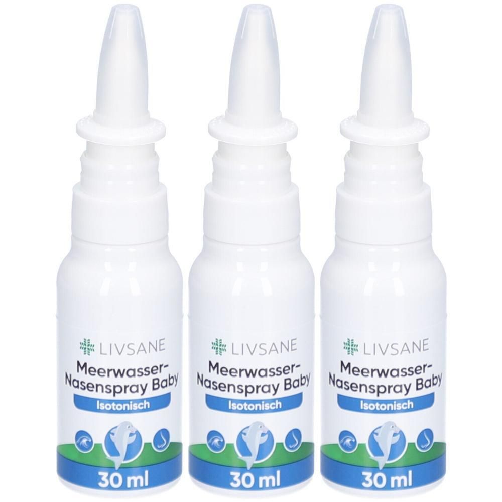 Drei weiße Nasenspray-Flaschen mit blau-grünen Etiketten. Aufschrift: LIVSANE Meerwasser-Nasenspray Baby, isotonisch. 30 ml.